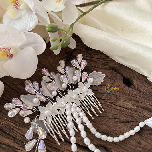 Crystal Bead Comb Hair Pin with Flower-Hair Accessories-Pearl-H817