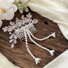 Crystal Bead Comb Hair Pin with Flower-Hair Accessories-Pearl-H817