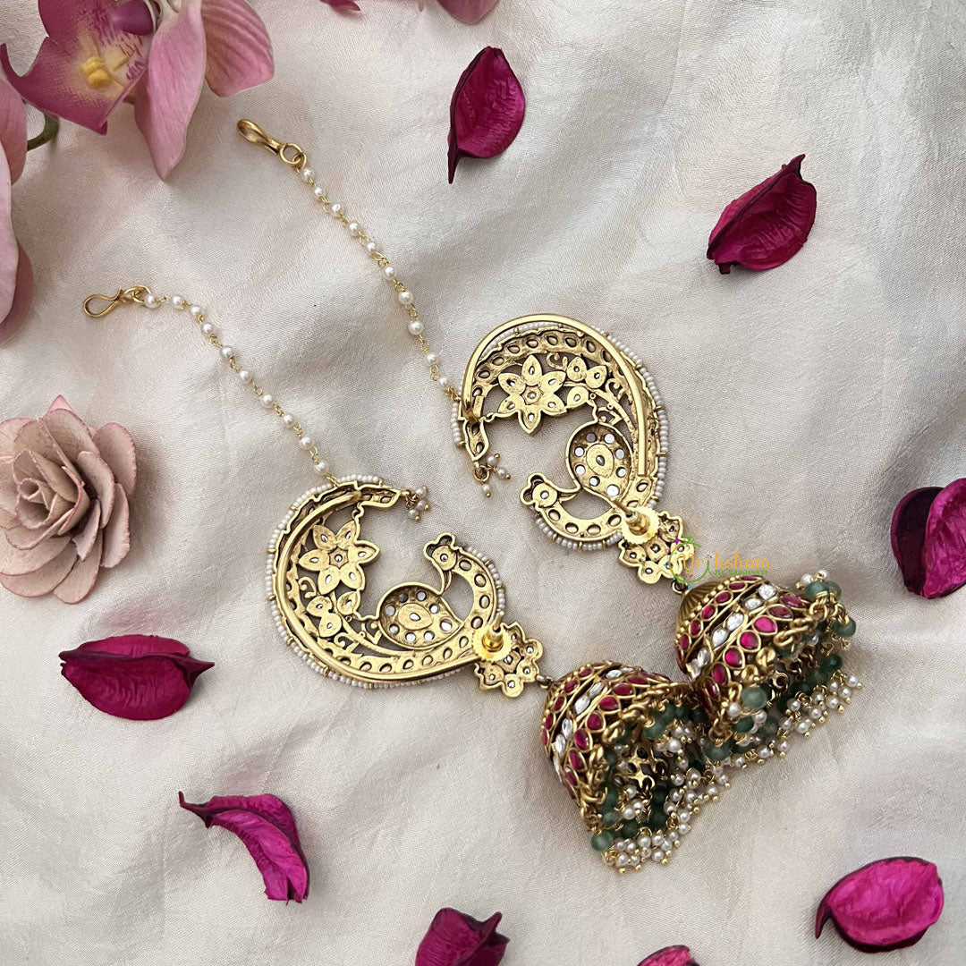 Vriksham Royal Peacock Kundan Jadau With Pearl Lined Maatil & Ear Cuff Jhumkas-J3741