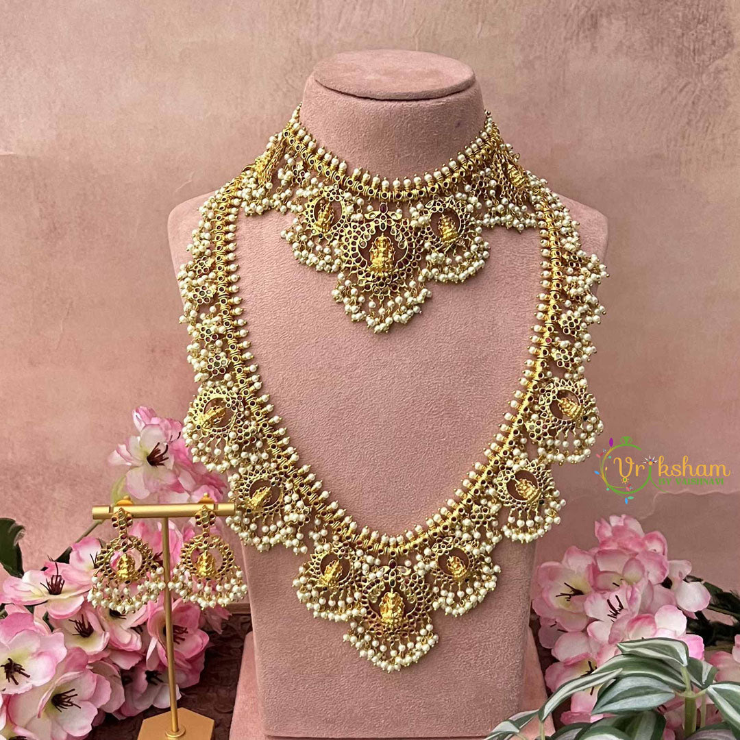 Vriksham Classic Diya With Lakshmi Pendant Pearls Detailing Guttapusalu Bridal Set-G21091