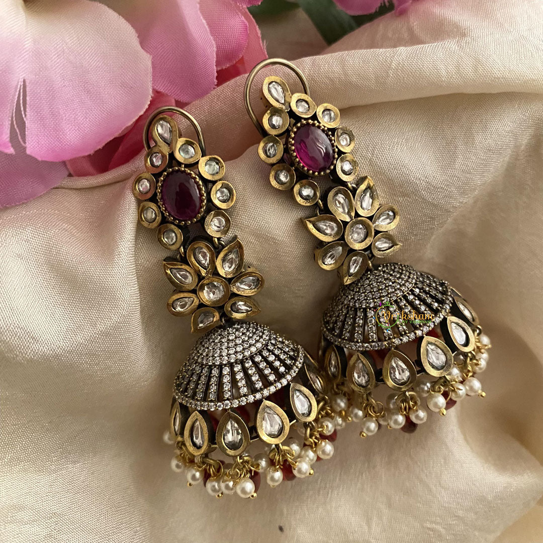 Floral Victorian Diamond Jhumkas-Red-Pearls-VV1858