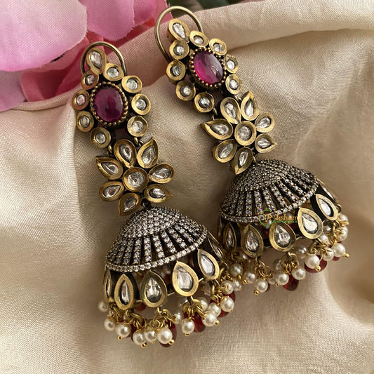 Floral Victorian Diamond Jhumkas-Red-Pearls-VV1858