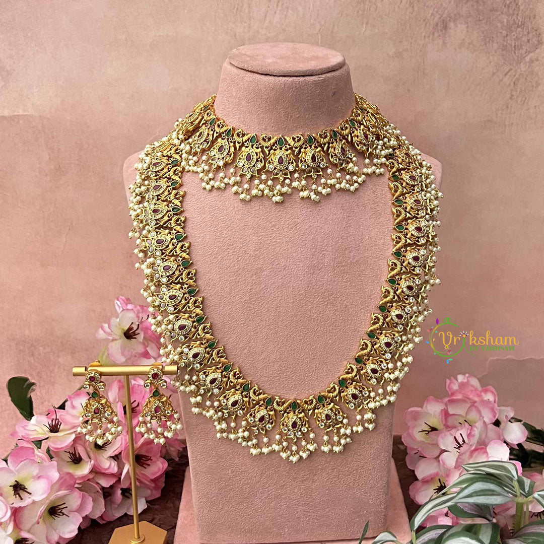 Vriksham Elegant Diya Style Pearls Detailing Guttapusalu Bridal Set-White Green & Red-G21093