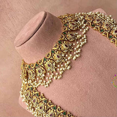 Vriksham Elegant Diya Style Pearls Detailing Guttapusalu Bridal Set-White Green & Red-G21093