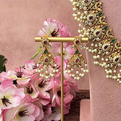 Vriksham Elegant Diya Style Pearls Detailing Guttapusalu Bridal Set-White Green & Red-G21093