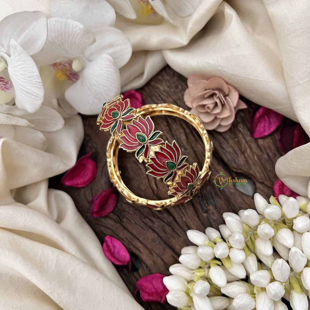 Vriksham Traditional Gold Bangles With Red Lotus & Green & Red  Enamel Work Bangles-G20295