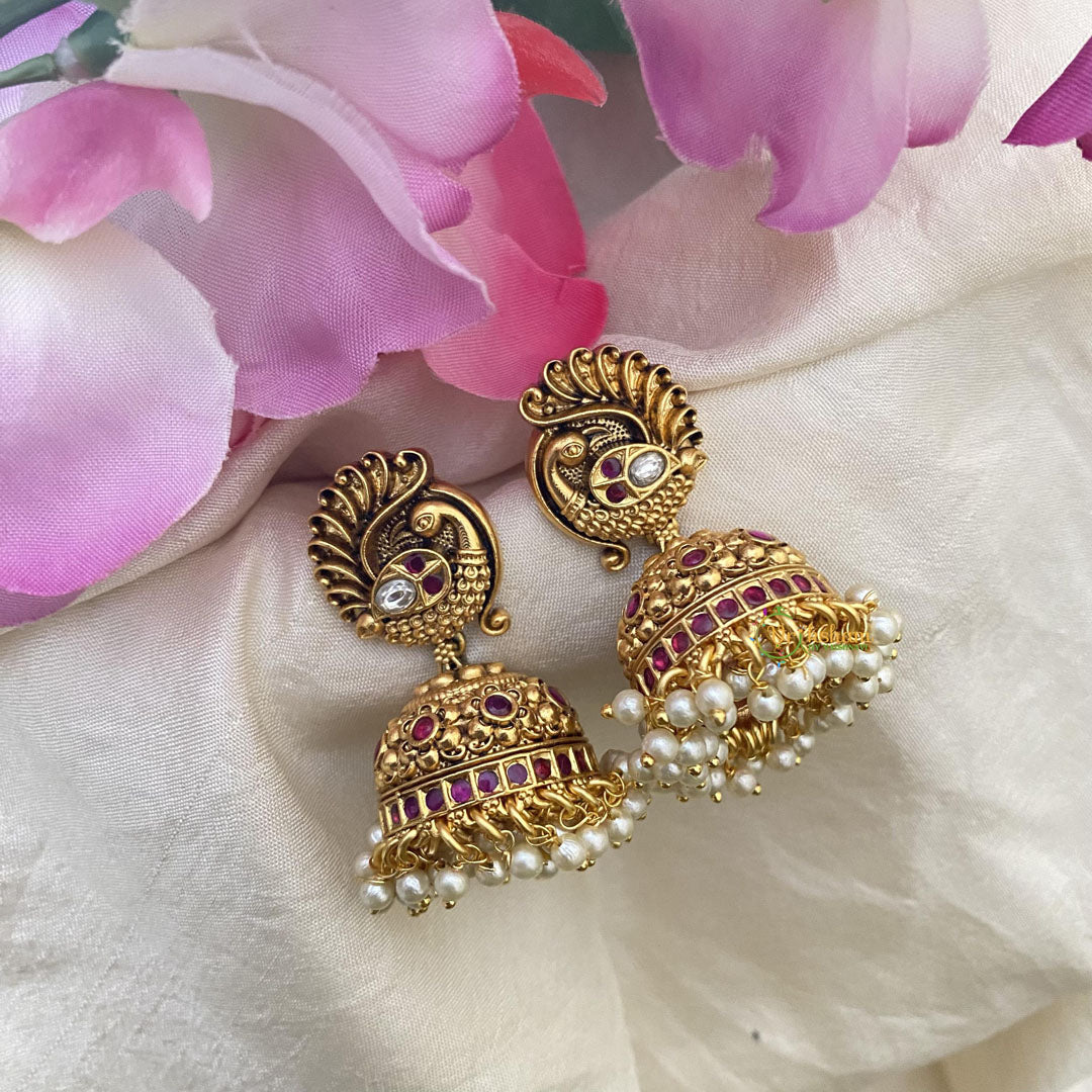 Gold Look Alike Peacock Jhumkas-Pearl-G15125