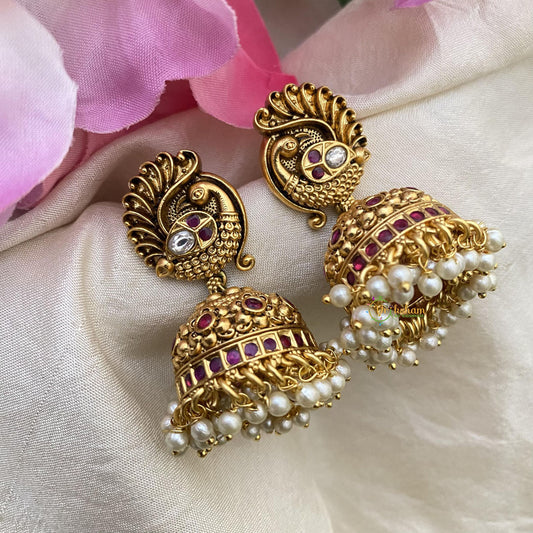 Gold Look Alike Peacock Jhumkas-Pearl-G15125