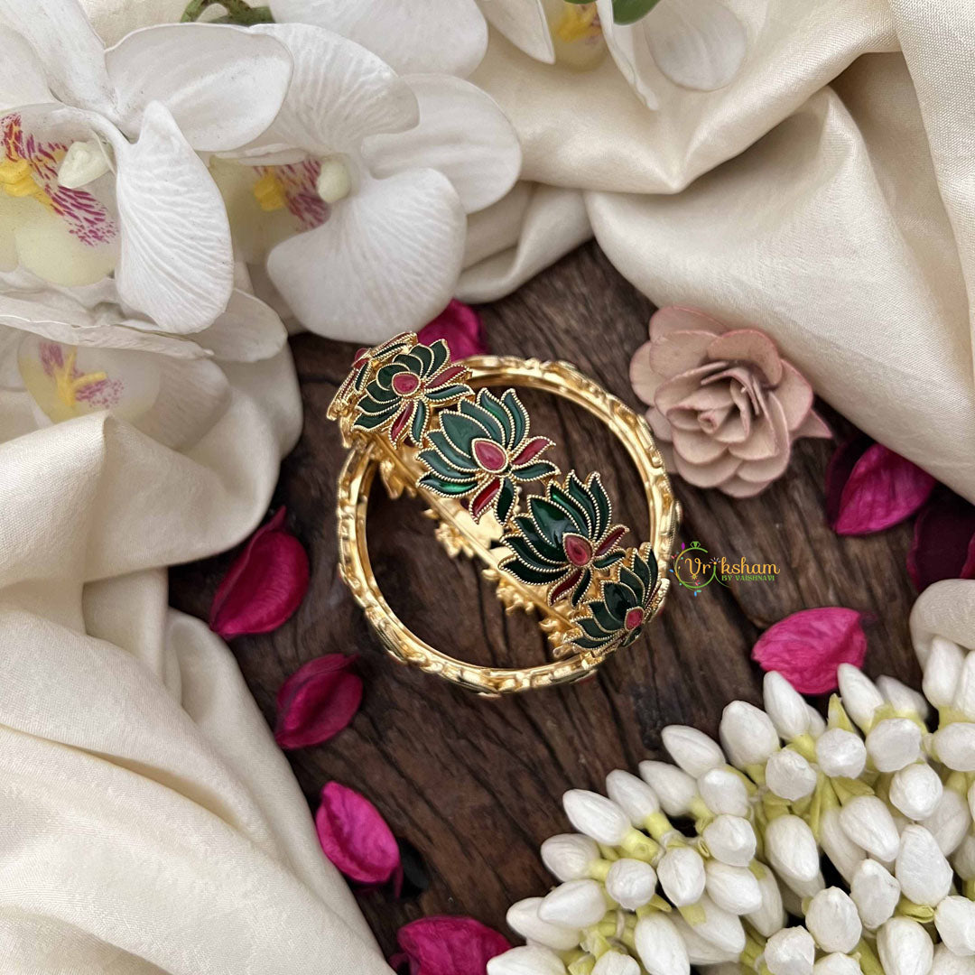 Vriksham Traditional Gold Bangles With Green Lotus & Red Leaf Enamel Work Bangles-G20292