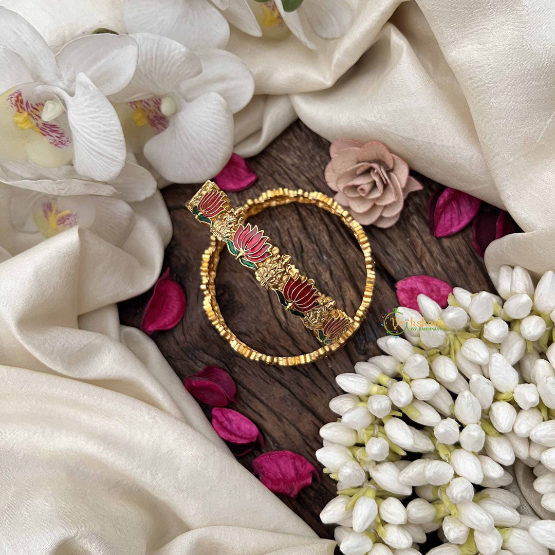 Vriksham Vibrant Red Lotus Motif Green Leaf & Gold Lakshmi Bangles-G20297