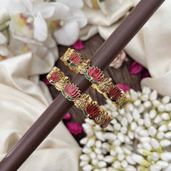 Vriksham Vibrant Red Lotus Motif Green Leaf & Gold Lakshmi Bangles-G20297