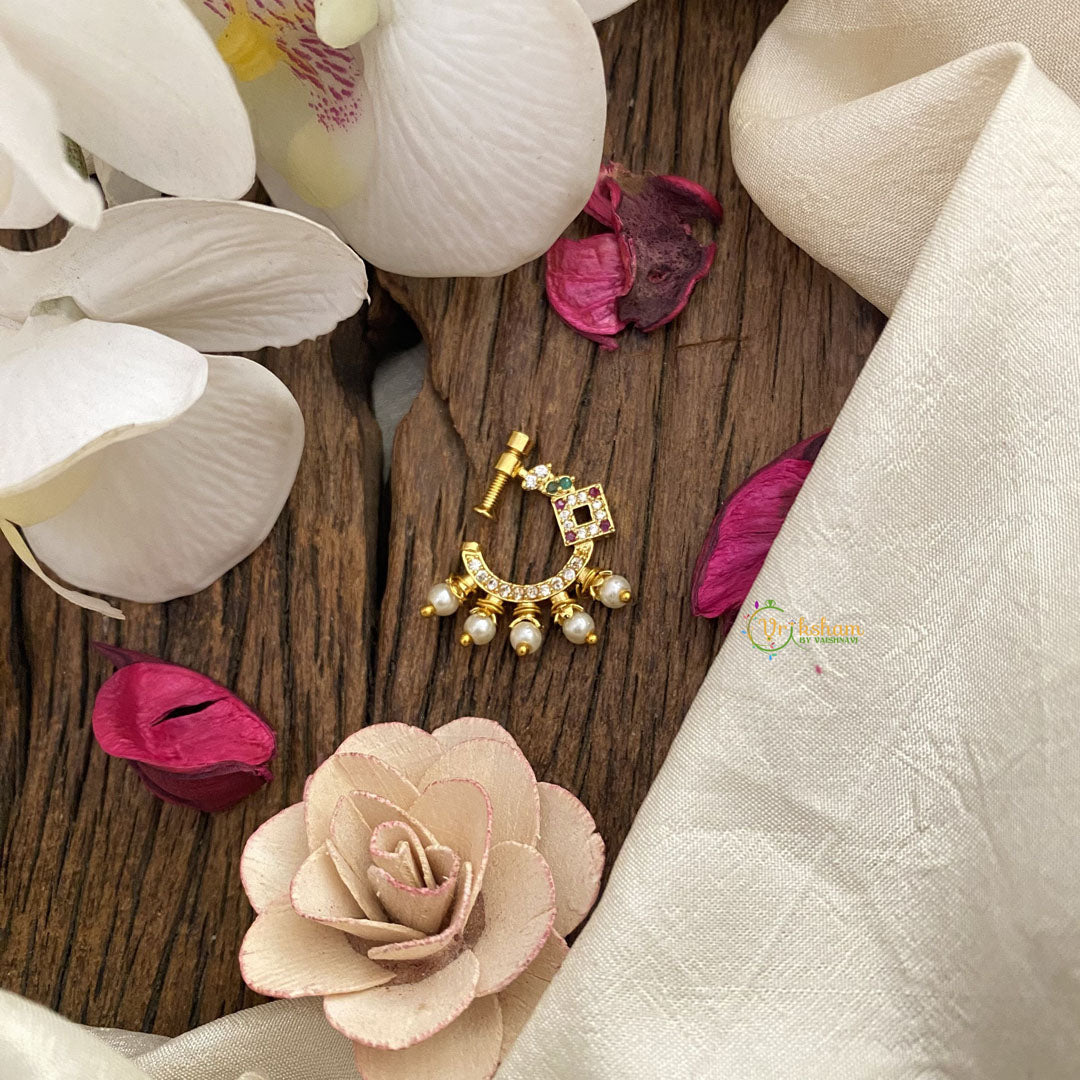 Vriksham Premium Golden Naths/Nose pin-Pearl-Square-Red White & green-G17428