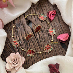 Vriksham Elegant Gold Look Alike Lotus Red Green Short Neckpiece-G21102