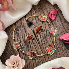 Vriksham Elegant Gold Look Alike Lotus Red Green Short Neckpiece-G21102