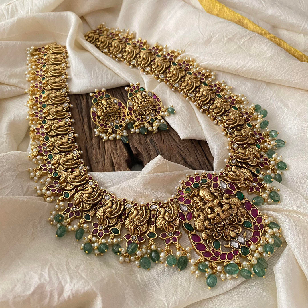 Long Haram Latest Designs Antique Lakshmi Pendant Long Haram-Green