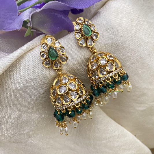 Stylish Jhumkas-Rice Pearls-Green Bead-G15141