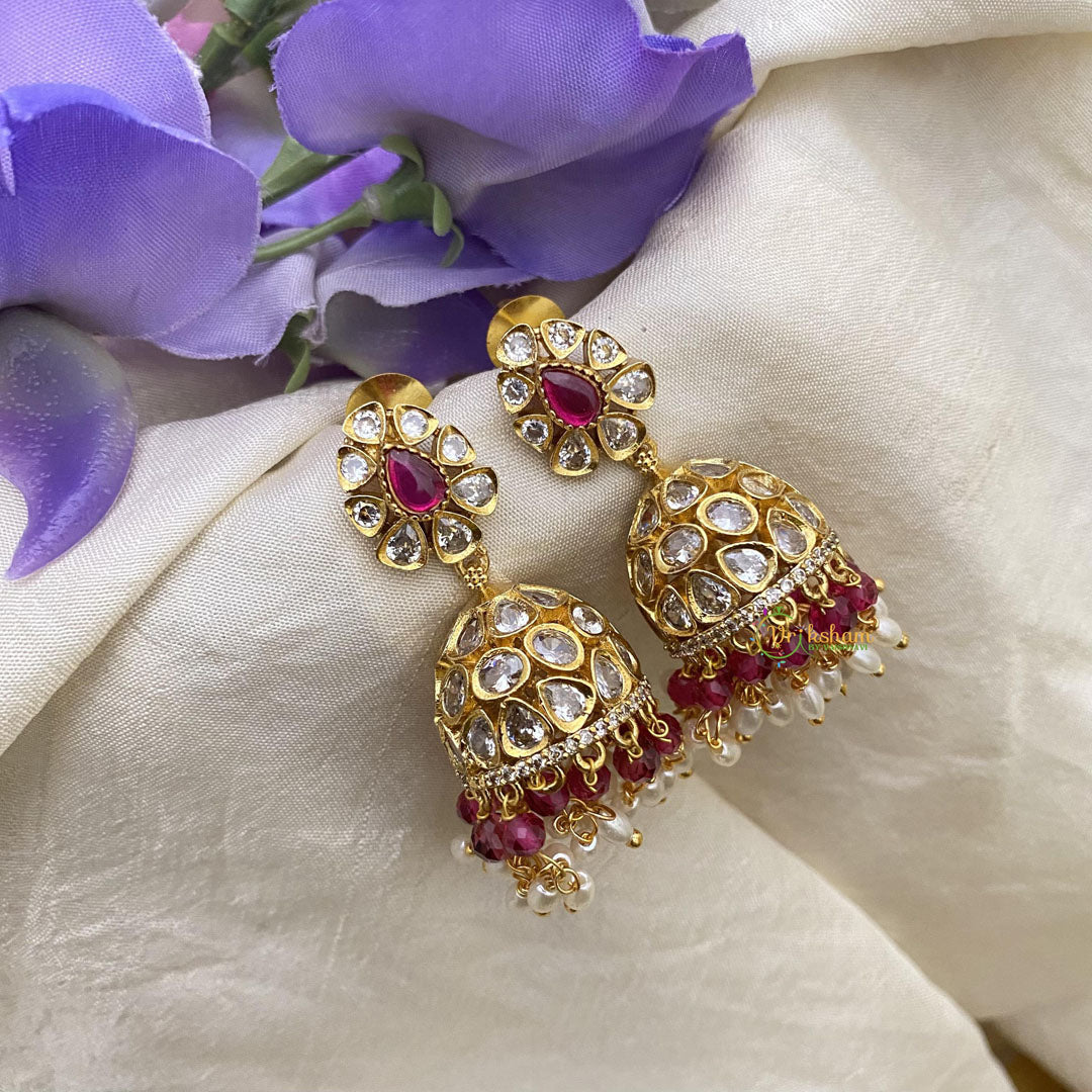 Stylish Jhumkas-Rice Pearls-Red Bead-G15140