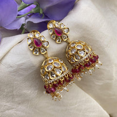 Stylish Jhumkas-Rice Pearls-Red Bead-G15140