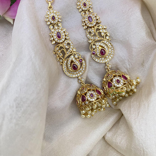 Premium Red AD Stone Peacock Jhumkas-Pearls-Maatil-G15142