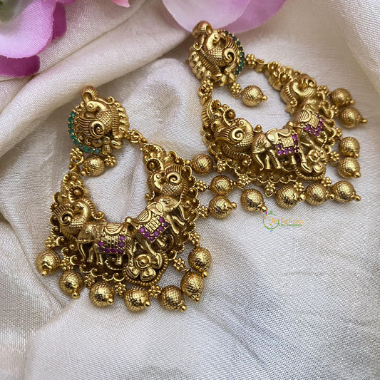 Premium Dual Elephant Chandbali Danglers-Gold Bead-G15120