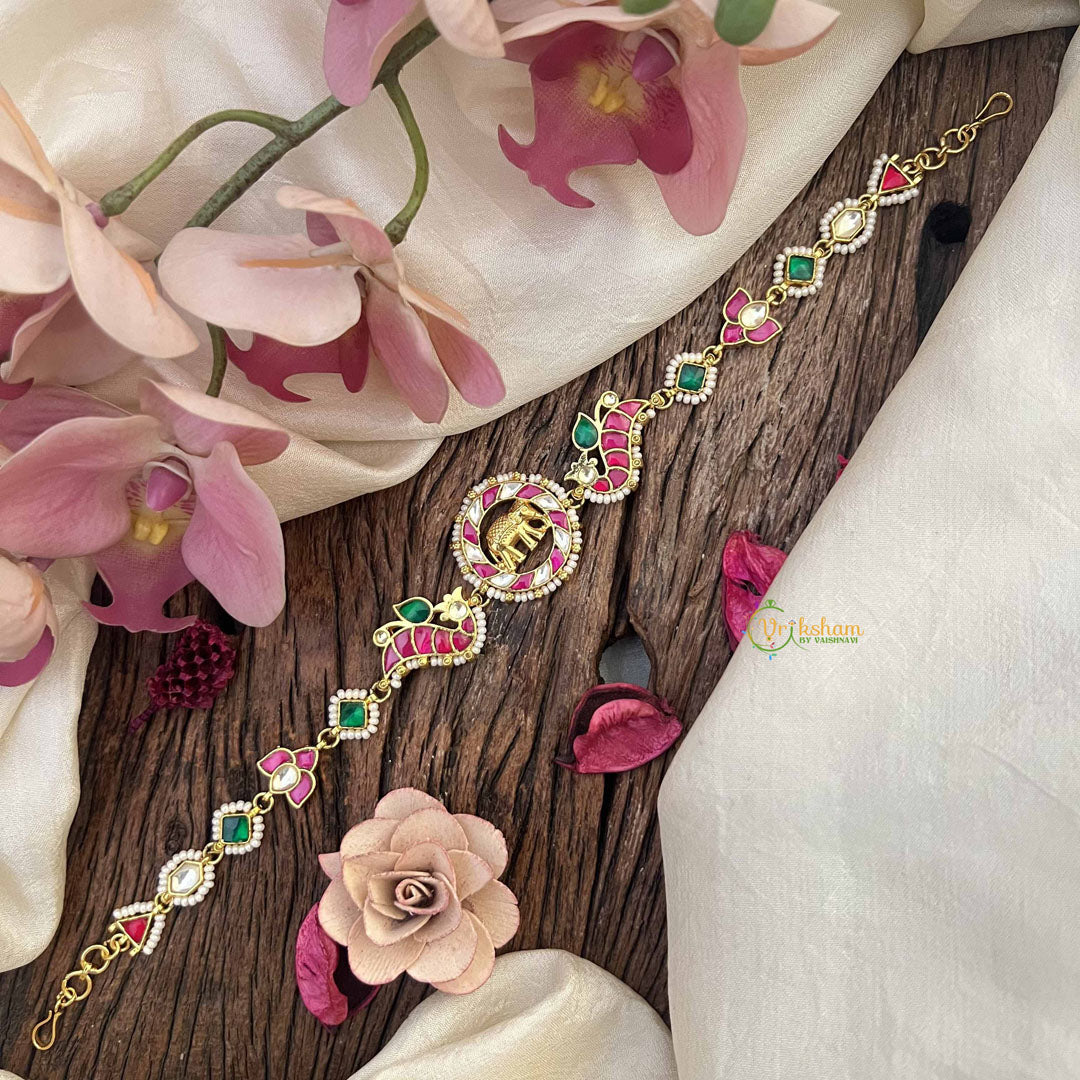 Vriksham Elephant Style Kundan Jadau Sheeshphool-Red Green & White-J3936