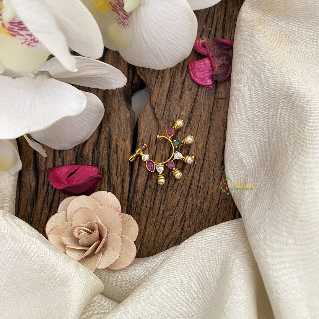 Vriksham Unique Golden Naths/Nose pin-Pearl-Red White & Green-G17437