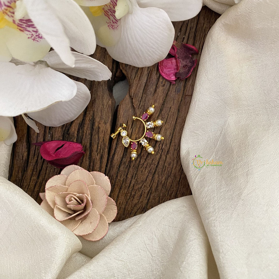 Vriksham Unique Golden Naths/Nose pin-Pearl-Red White-G17435