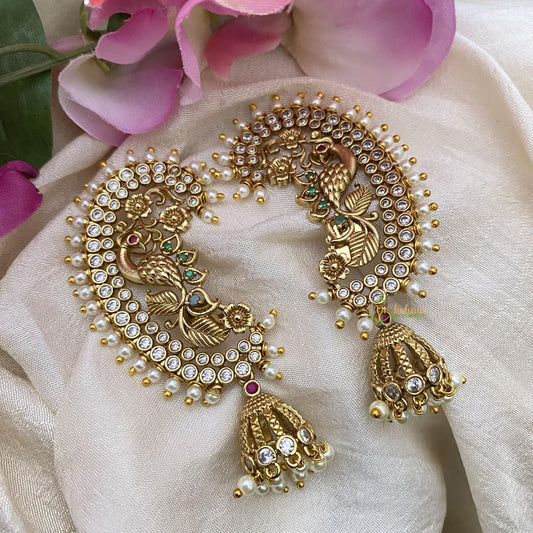 Gold Look Alike AD Stone Peacock Cuff Jhumkas-Pearl-G15136