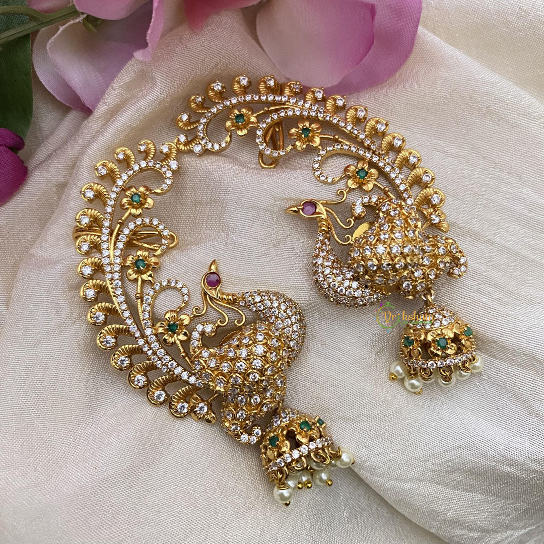 Elegant Gold Alike AD Stone Peacock Cuff Jhumkas-Pearl-G15135