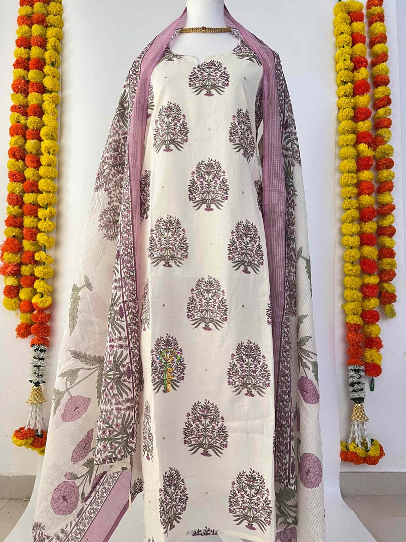Vriksham Elegant Ivory Ethnic Suit With Lavender Floral Motifs & Layered Cape 3 Piece Cotton Suit Set-VS5086