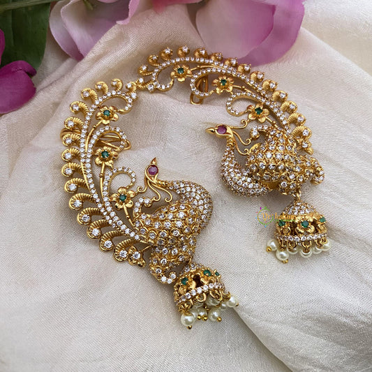 Elegant Gold Alike AD Stone Peacock Cuff Jhumkas-Pearl-G15135