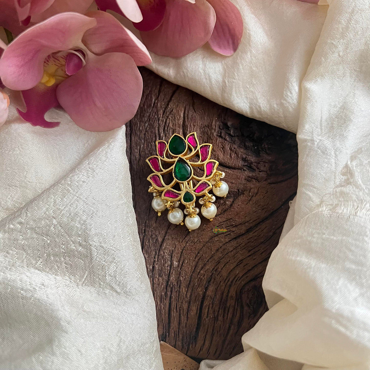 Designer Lotus Jadau Juda Pin-Pearl-G13939