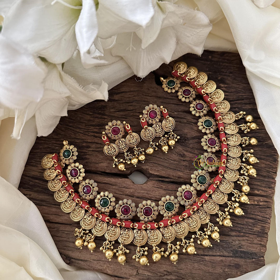 Premium Lakshmi Coin Short Neckpiece-Coral-Gold Bead-G14371