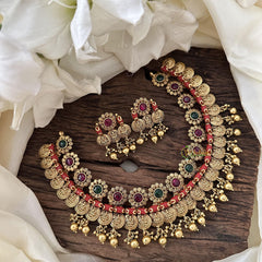 Premium Lakshmi Coin Short Neckpiece-Coral-Gold Bead-G14371