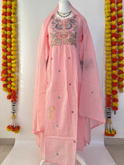 Vriksham Designer Blush Pink Heavy Floral Embroidery MulMul Anarkali With Dupatta Suit Set-VS5084