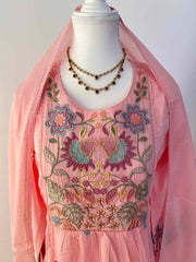 Vriksham Designer Blush Pink Heavy Floral Embroidery MulMul Anarkali With Dupatta Suit Set-VS5084