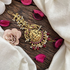 Vriksham Goddess Lakshmi & Dual  Peacock Maang Tikka-Red-Red Bead-G19436