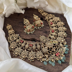 Antique Peacock Short Neckpiece-Coral-Aqua Green Bead-Pearl-G14375