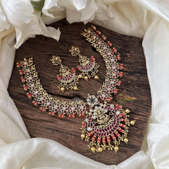 Gold Alike AD Stone Lakshmi Short Neckpiece-Coral-Gold Bead-G14370