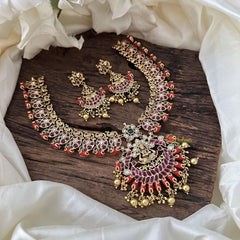 Gold Alike AD Stone Lakshmi Short Neckpiece-Coral-Gold Bead-G14370