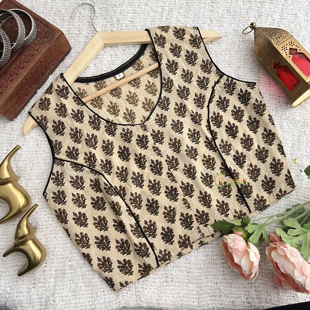 Vriksham Premium Floral Printed Readymade Sleeveless  Blouse-Kalamkari Print-Skin Color-VS4531
