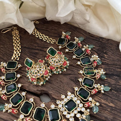 Green AD Stone Short Neckpiece-Coral-Aqua Green Bead-Pearl-G14374