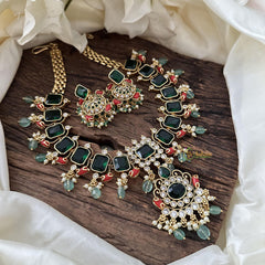 Green AD Stone Short Neckpiece-Coral-Aqua Green Bead-Pearl-G14374