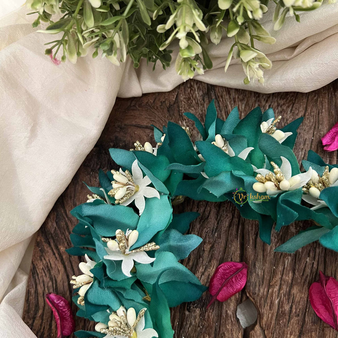 Vriksham Artificial Teal Green Fabric Flower Gajra With Pearl Buds Flower Accessories-H1154