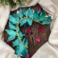 Vriksham Artificial Teal Green Fabric Flower Gajra With Pearl Buds Flower Accessories-H1154