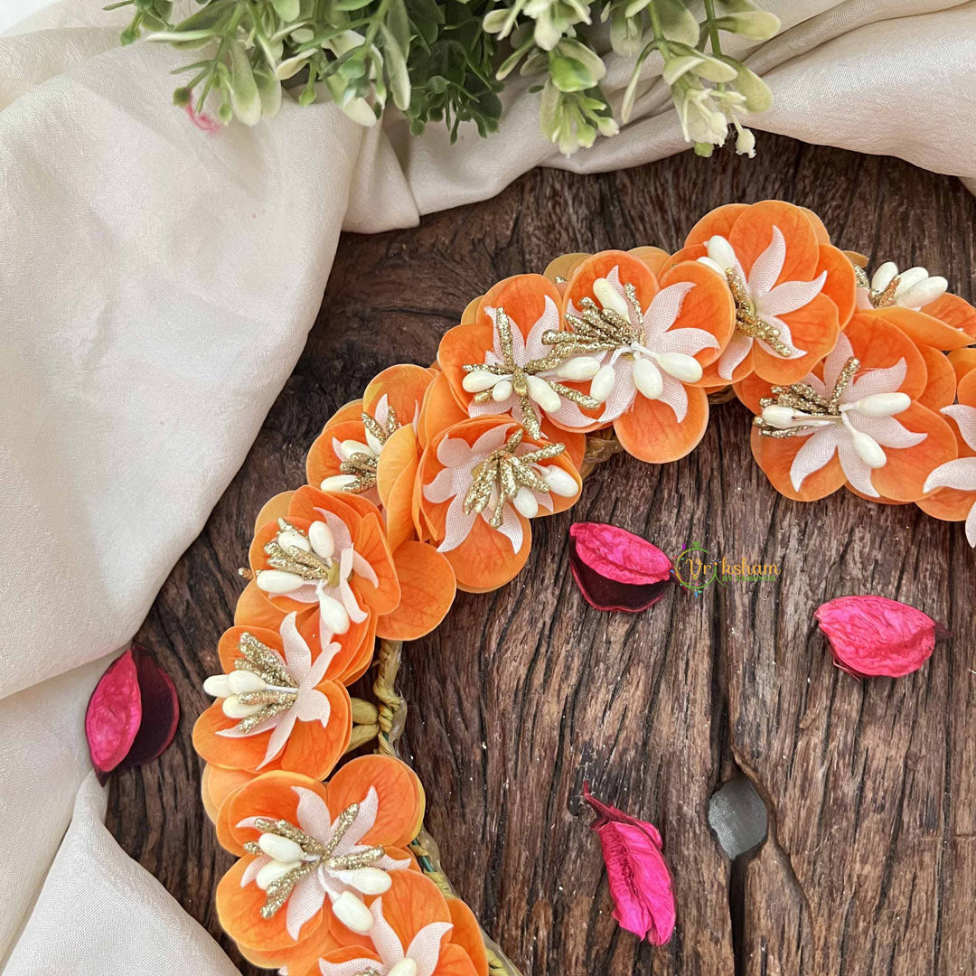 Vriksham Orange Blossom Sunset & White Flower Gajra With Pearl Buds Flower Accessories-H1157