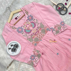 Vriksham Designer Blush Pink Heavy Floral Embroidery MulMul Anarkali With Dupatta Suit Set-VS5084