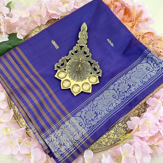 Dark Blue Chinnalampattu Saree with Silver Border - VS3675