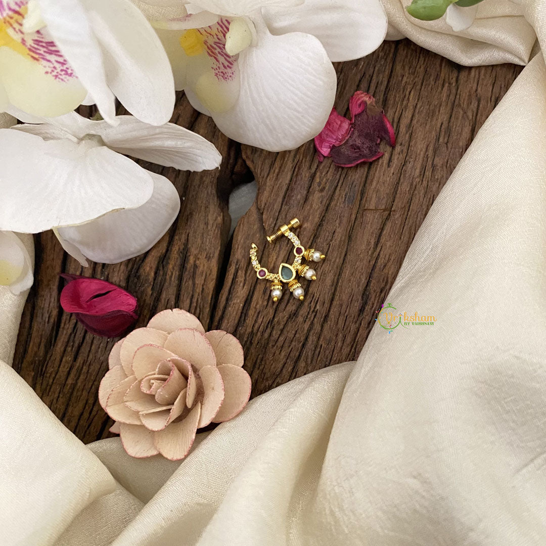 Vriksham Antique Golden Naths/Nose pin-Pearl-Tear Drop-Red White & Green-G17457