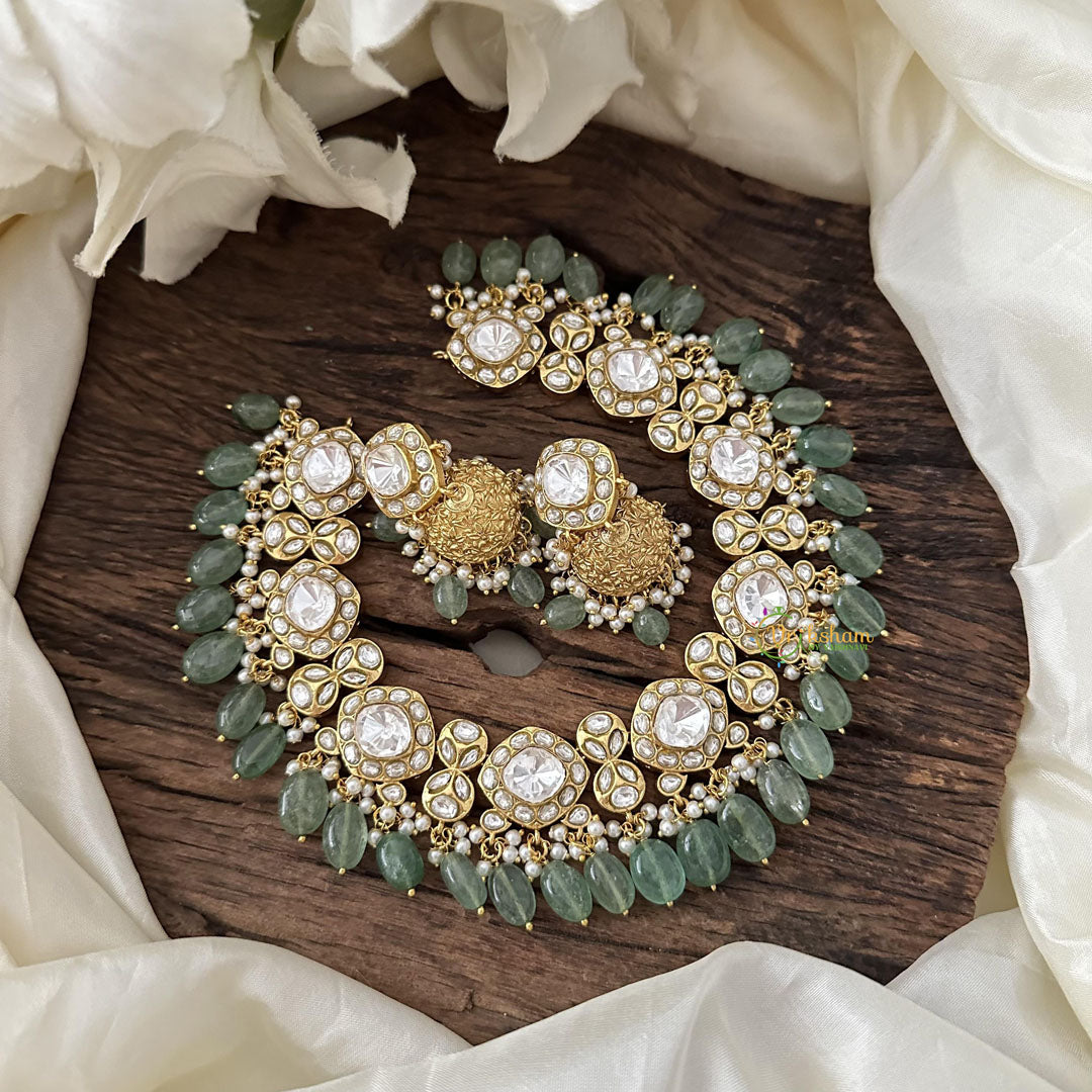 Stylish White Jadau Kundan Choker-Aqua Green Bead-J2403